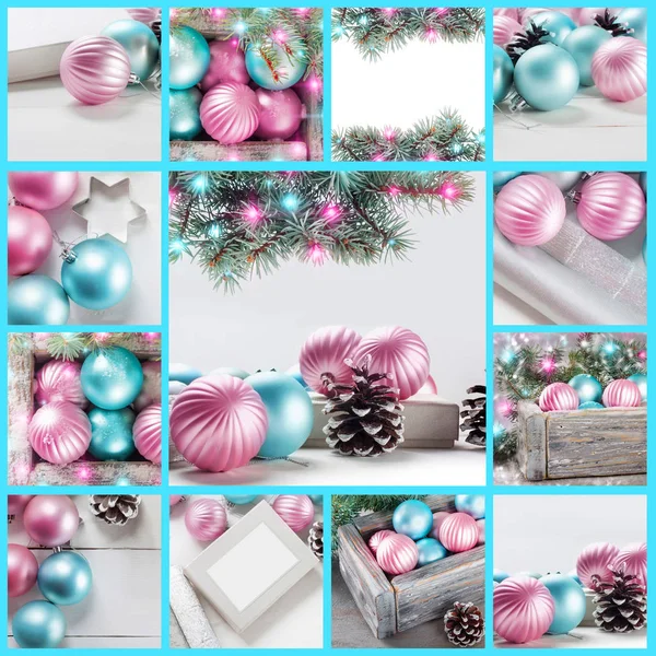 Pink Blue Christmas Balls Gift Box Spruce Branch Set New — Stock Photo, Image