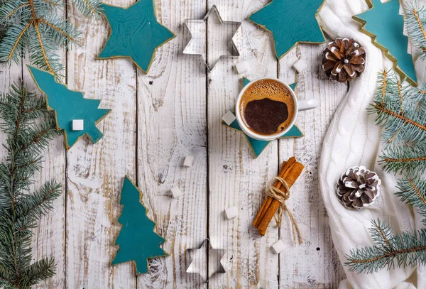 Kopp Hett Kaffe Med Socker Och Kanel Gamla Träbord Med — Stockfoto