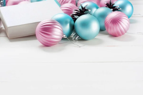 Beautiful Gift Box Blue Pink Christmas Balls White Wooden Background — Stock Photo, Image