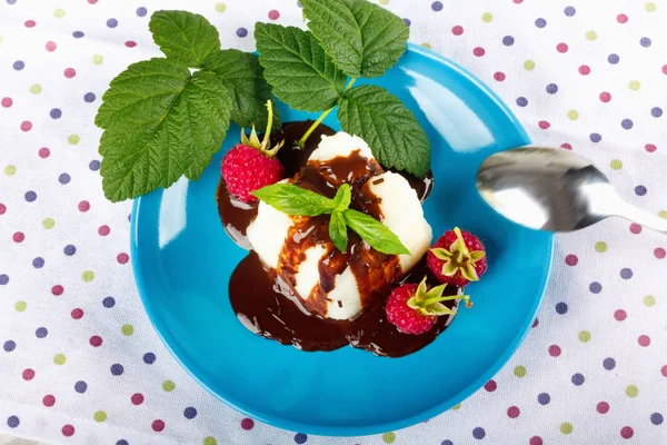 Cream Pudding Chocolate Sauce Raspberry Mint Beautiful Multicolored Tablecloth Top — Stock Photo, Image