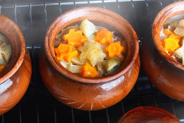 近代的なオーブンで つの粘土鉢に伝統的な素朴なホーム野菜ラグー — ストック写真