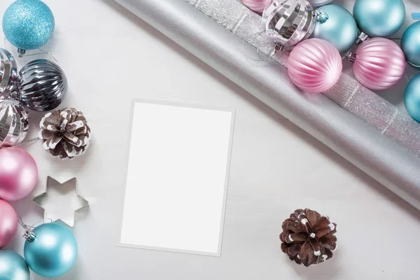 Pink Blue Christmas Balls Wrapping Paper Gifts Old Photo Frame — Stock Photo, Image