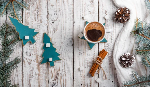 Kopp Hett Kaffe Med Socker Och Kanel Gamla Träbord Med — Stockfoto