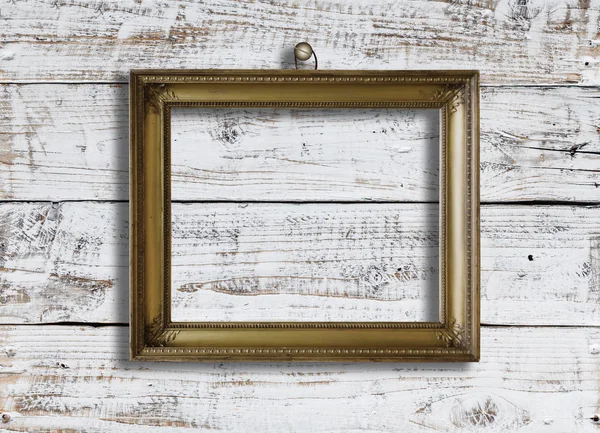 Old Vintage Gold Ornate Frame Picture Grunge Wooden Wall — Stock Photo, Image