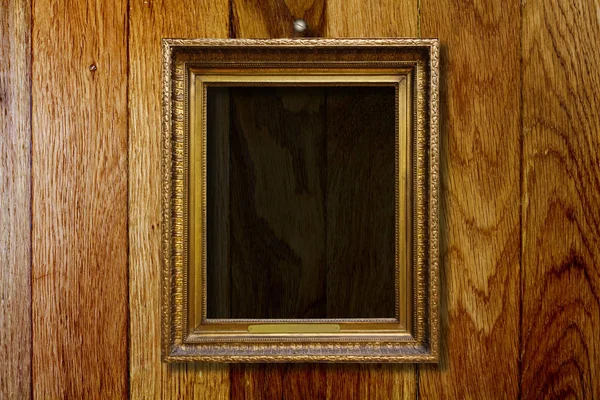 Old Vintage Gold Ornate Frame Picture Grunge Wooden Wall — Stock Photo, Image