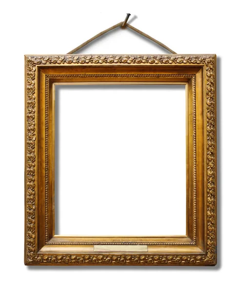 Picture Gold Wooden Frame Design White Isolated Background Nail Shadow — Stock Photo, Image