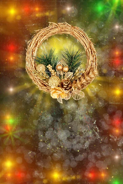 圣诞金色花环在旧的抽象背景与霓虹灯和 Bokeh — 图库照片