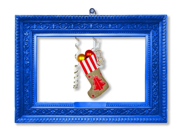 Weihnachtsmann Neujahrssocke Mit Geschenken Spielzeug Und Serpentin Auf Weißem Hintergrund — Stockfoto