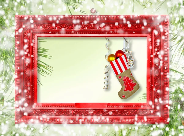 Santa Claus Van Nieuwjaar Sok Met Giften Speelgoed Serpentine Groene — Stockfoto