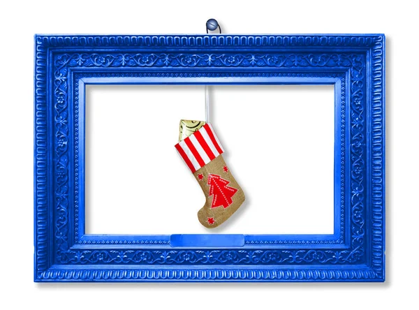 Weihnachtsmann-Neujahrssocke mit Geschenken, Spielzeug und Serpentin — Stockfoto