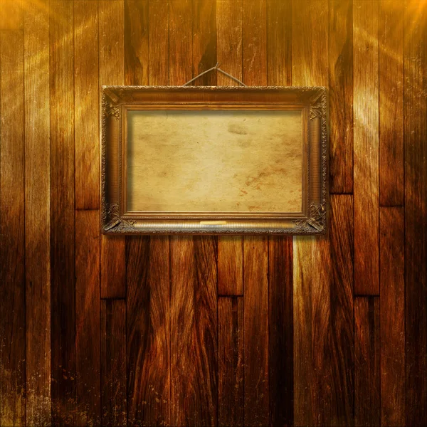 Стара Старовинна Золота Орнаментальна Рамка Картини Гранжевій Дерев Яній Стіні — стокове фото