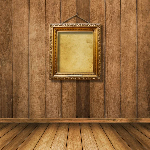 Old Vintage Gold Ornate Frame Picture Grunge Wooden Wall — Stock Photo, Image