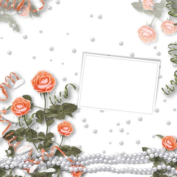 Biglietto Vacanza Con Perle Bouquet Bellissime Rose Rosse Sfondo Bianco — Foto Stock