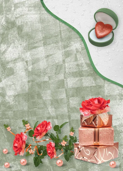 Weihnachtskarte Mit Geschenkschachteln Perlen Herz Und Strauß Schöner Roter Rosen — Stockfoto