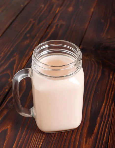 Glass Cup Hot Cocoa Milk Rustic Wooden Table — Stock Photo, Image