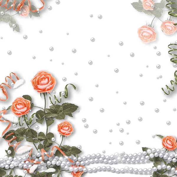 假日卡片与珍珠和美丽的红玫瑰花束在白色被隔绝的背景 为祝贺或邀请 — 图库照片