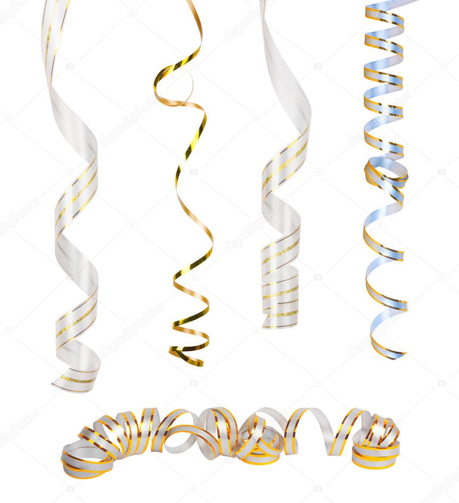 Set gold paper horizontal ribbon on the white isolated background