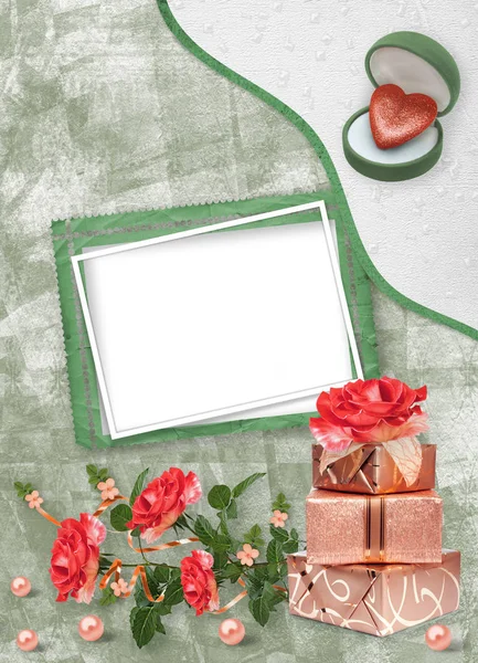 Tarjeta Vacaciones Con Cajas Regalo Perlas Corazón Ramo Hermosas Rosas —  Fotos de Stock