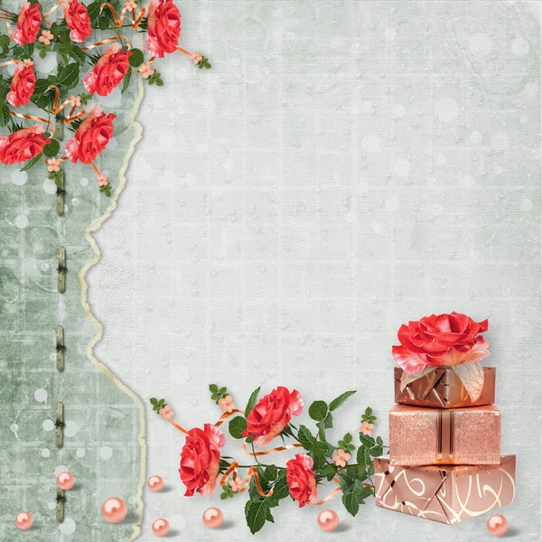 Tarjeta Vacaciones Con Cajas Regalo Perlas Ramo Hermosas Rosas Rojas — Foto de Stock
