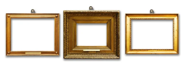 Set Three Vintage Golden Baroque Wooden Frames White Isolated Background — Stock Photo, Image