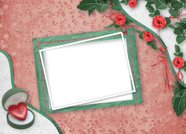 节日贺卡与红玫瑰 弓和象征心脏在纸的礼物盒在纸背景为情人节问候 — 图库照片