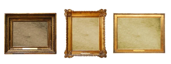 Set Three Vintage Golden Baroque Wooden Frames White Isolated Background — Stock Photo, Image