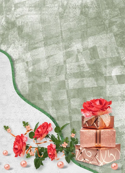 Kerstkaart Met Geschenkdozen Parels Boeket Van Mooie Rode Rozen Groenboek — Stockfoto