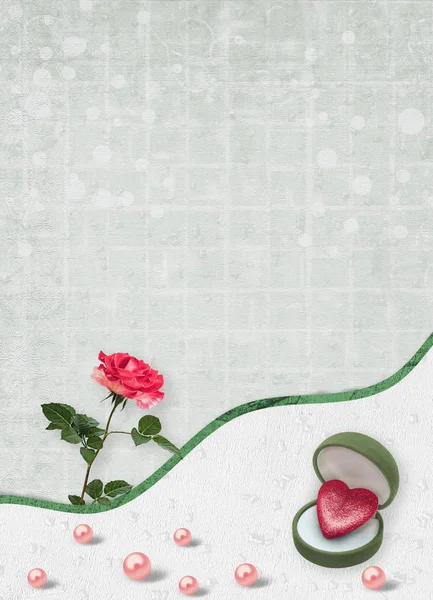 Cartão Férias Com Pérolas Buquê Belas Rosas Vermelhas Fundo Papel — Fotografia de Stock