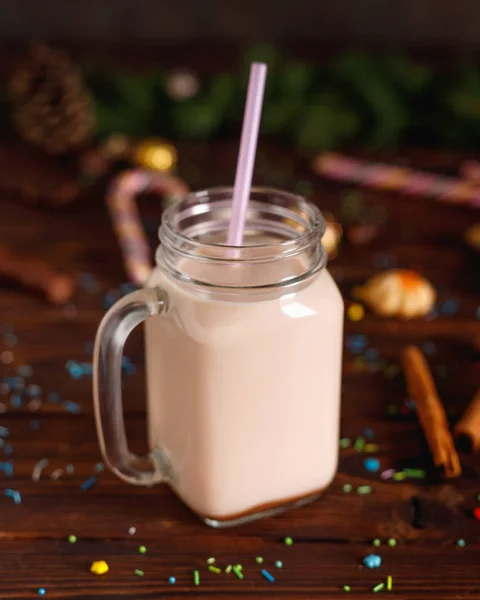Glasschale Mit Heißem Kakao Mit Milch Zimt Und Stroh Auf — Stockfoto