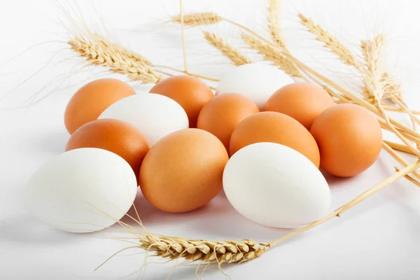 Set Fresh Eggs Easter Ears Wheat White Background — Stock Photo, Image