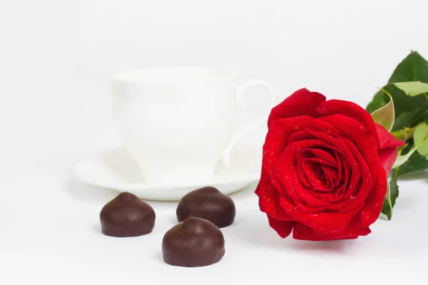 美丽的红玫瑰和一杯热茶与巧克力在被隔绝的背景 — 图库照片