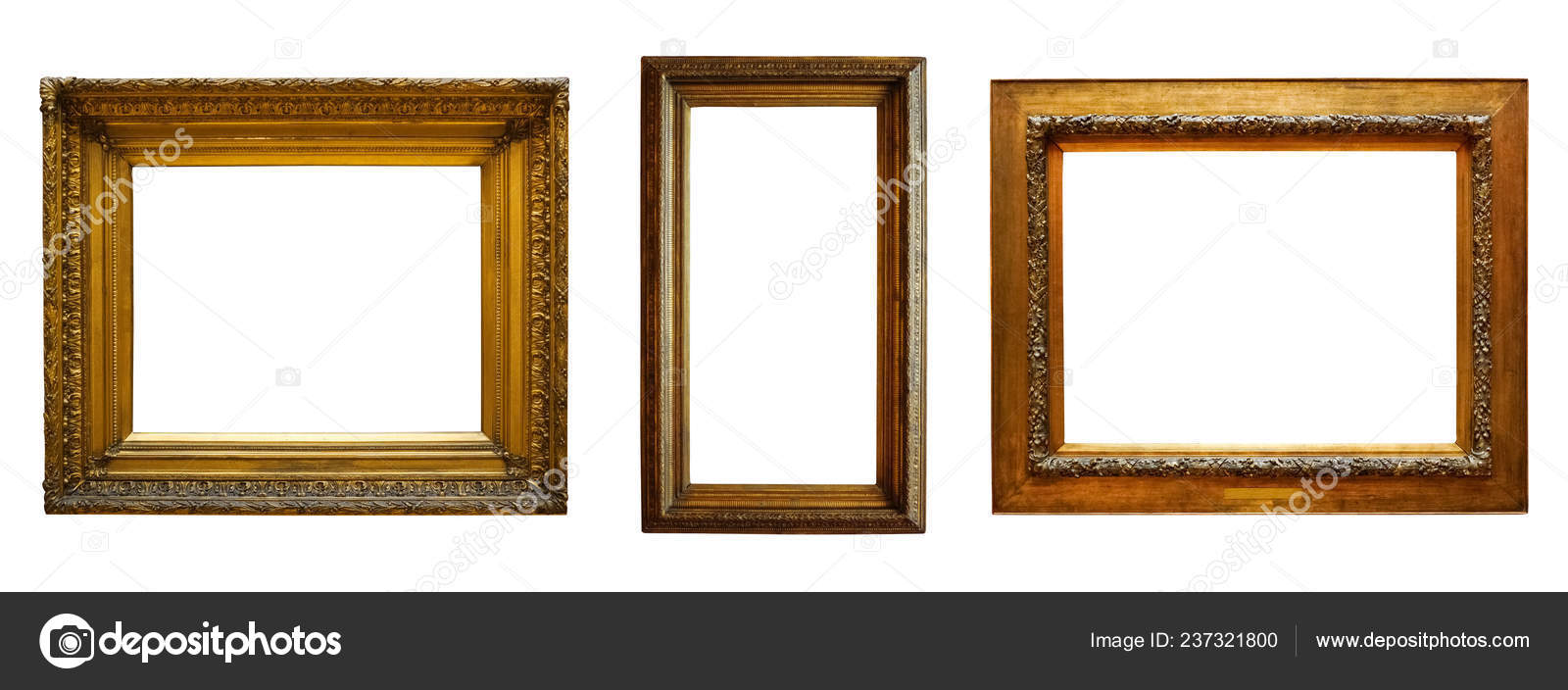 Set Three Vintage Golden Baroque Wooden Frames White Isolated Set Three Vintage Golden Baroque Wooden Frames White Isolated Background Stock Photo