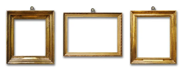一套三个老式的金色巴洛克式木框架在白色被隔绝的背景 — 图库照片