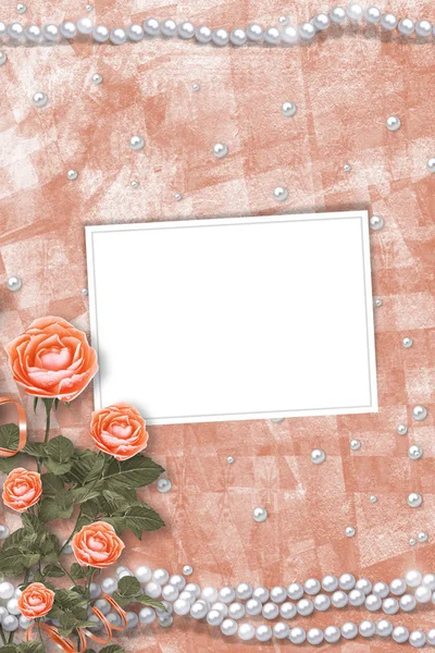 Carte Vacances Avec Perles Bouquet Belles Roses Sur Fond Papier — Photo