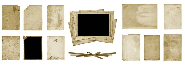 一套旧的复古肮脏的照片明信片和相册页在白色被隔绝的背景 — 图库照片