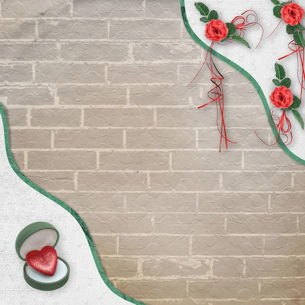 Festliche Grußkarte Mit Roter Rose Schleife Und Symbolischem Herz Geschenkbox — Stockfoto
