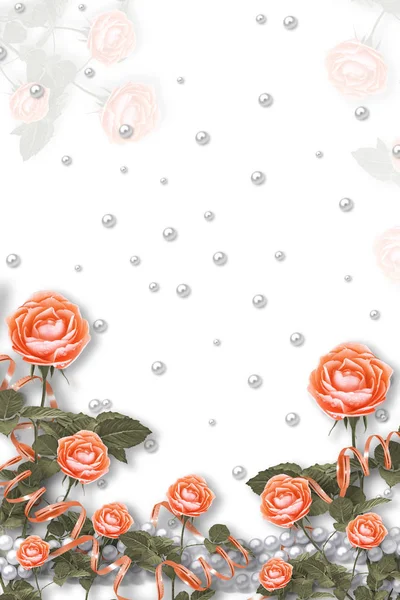 Κάρτα Διακοπών Μαργαριτάρια Και Μπουκέτο Από Πανέμορφα Κόκκινα Τριαντάφυλλα Λευκό — Φωτογραφία Αρχείου