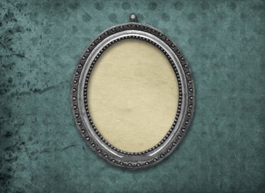 Eski, yıpranmış yeşil duvar Müzesi sergi için ahşap vintage gümüş Victoria tondo çerçeve