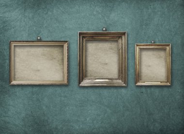 Eski vintage altın süslü çerçeve resim grunge taş duvar için