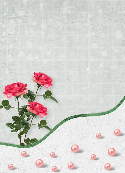 Свята Листівка Перлами Букет Красивих Червоних Троянд Зеленому Папері Привітання — стокове фото
