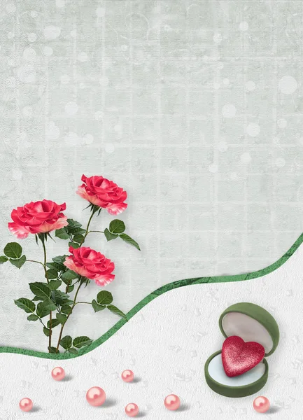 节日卡片与珍珠和美丽的红玫瑰花束在绿纸背景上 为祝贺或邀请 — 图库照片