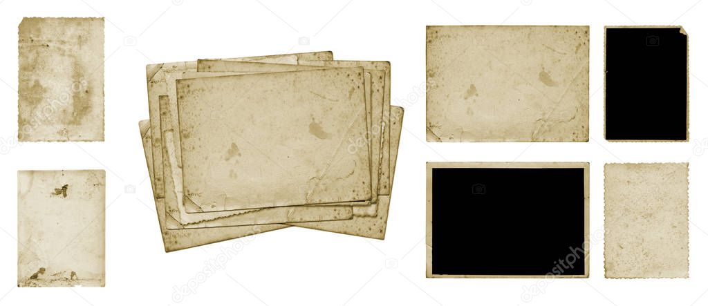 Set of old vintage dirty photo postcards on white isolated background