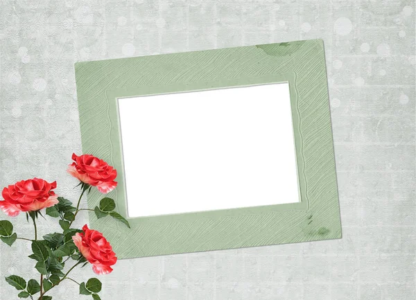 Świąteczna Kartkę Życzeniami Pięknymi Różami Photo Frame Zaproszenia Lub Pozdrowienia — Zdjęcie stockowe