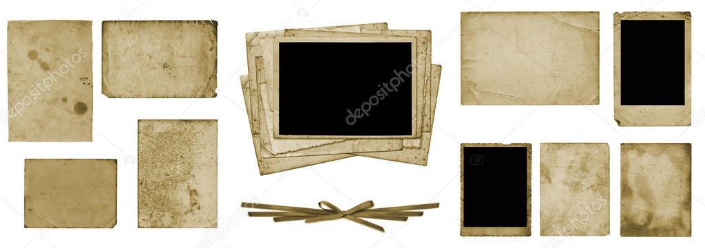 Set of old vintage dirty photo postcards and album sheets on white isolated background