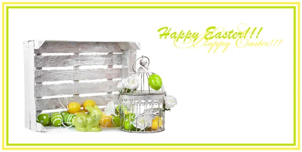 复活节彩蛋和有趣的兔子隔离在白色背景 节日贺卡 以邀请或祝贺 — 图库照片