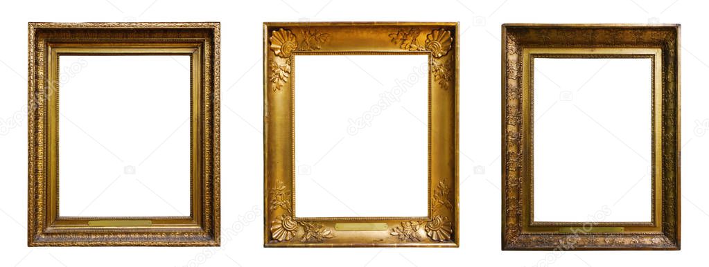 Set of three vintage golden baroque wooden frames on white isolated background