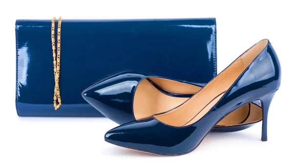 Mooie Blauwe Schoenen Met Koppelingen Witte Geïsoleerde Achtergrond — Stockfoto