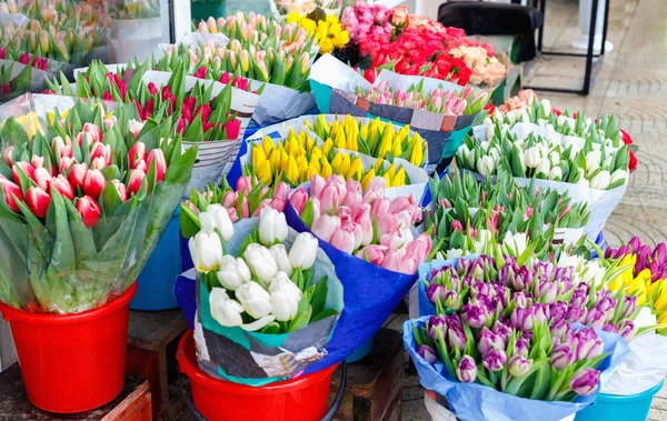 Barevné Tulipány Růže Další Květiny Květináčích Vstup Malé Květinářství — Stock fotografie