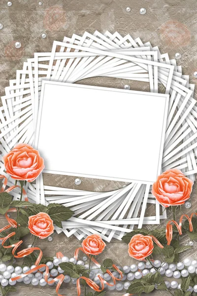 黒紙の背景に真珠 フレームと美しい桃のバラの花束を持つ休日のカード お祝いや招待状 — ストック写真