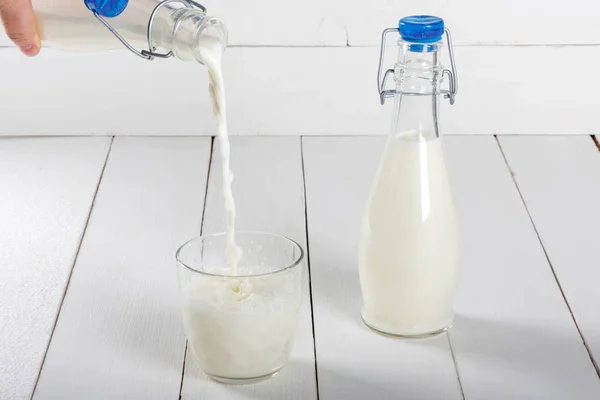 Old Vintage Style Bottles Fresh Milk Grunge White Wooden Table — Stock Photo, Image